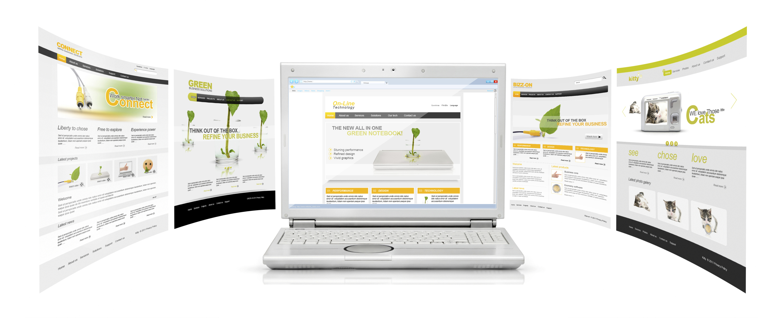 A computer surrounded by a semi-circle of webpages.