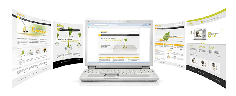 A picture of a laptop surrounded by webpages.